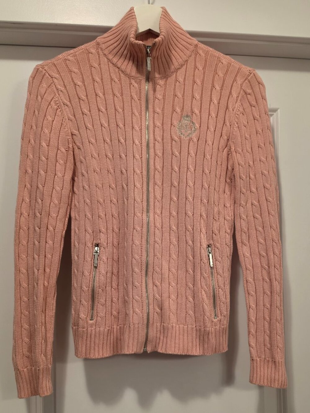 Lauren Ralph Lauren Cable Knit Full Zip Crest Cardigan Sweater Pink XS